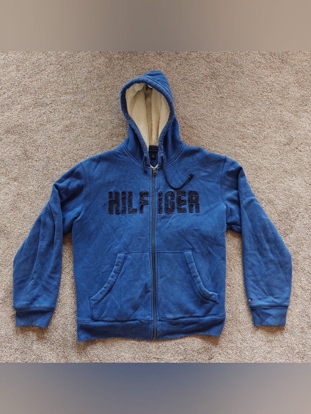 Tommy Hilfiger Sherpa-Lined Full Zip Hoodie Blue Spellout Applique Men's Size L